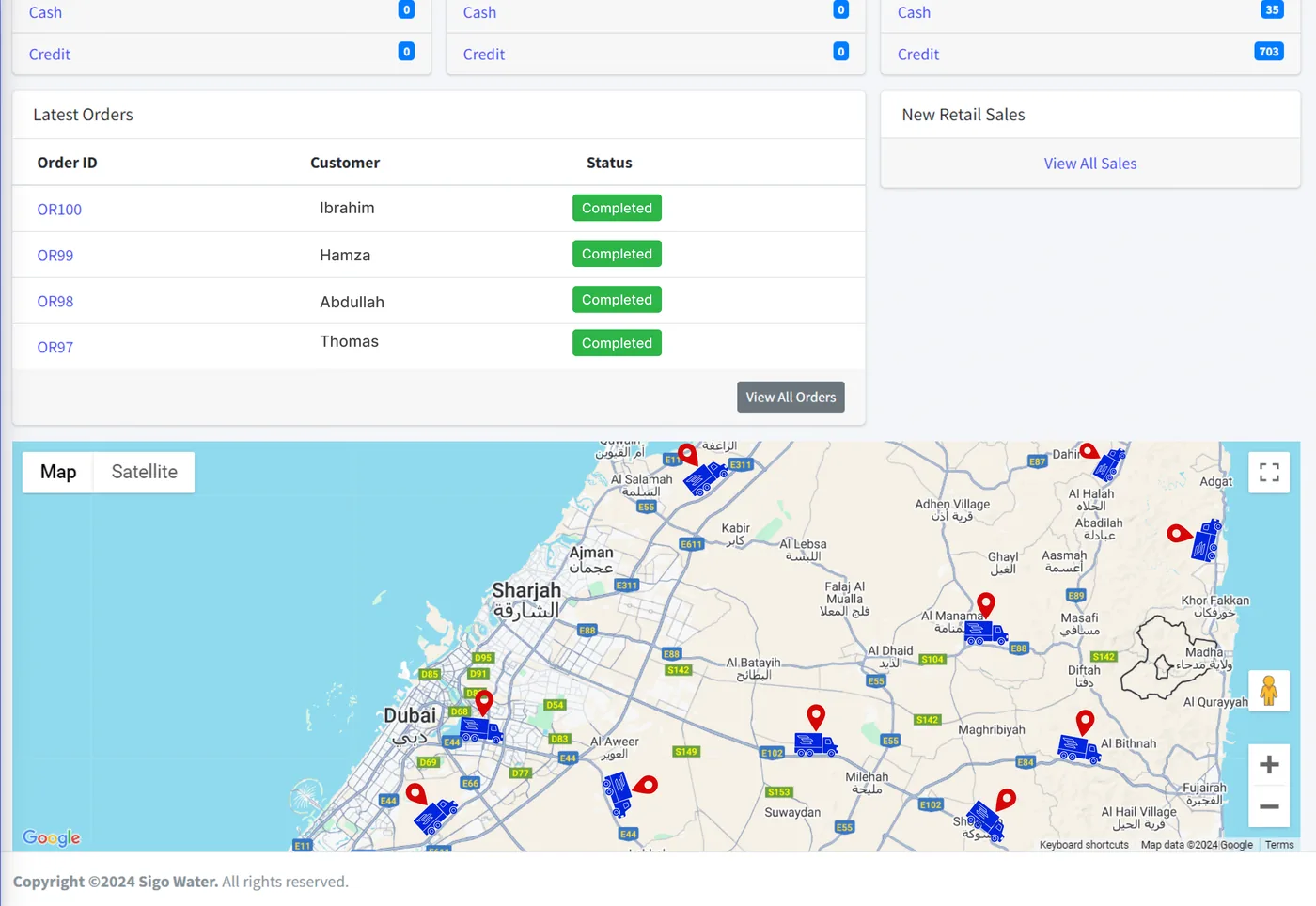 Sigo Water admin dashboard showing delivery vans plotted live across a city map, with the day's latest orders beside it